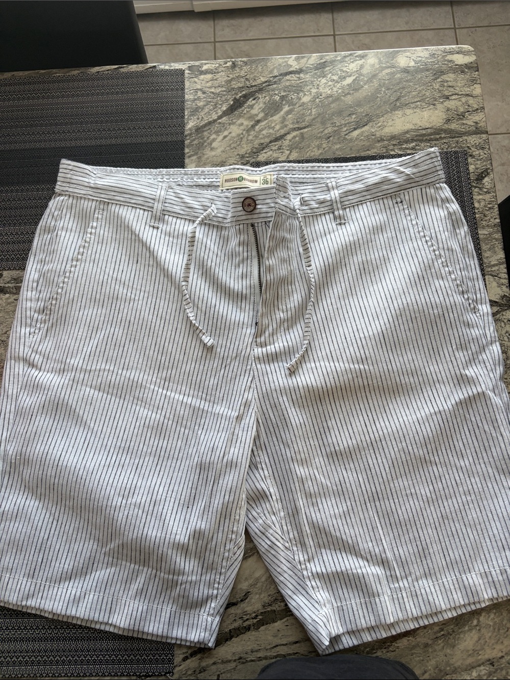 Men's White Shorts with Navy Pinstripes